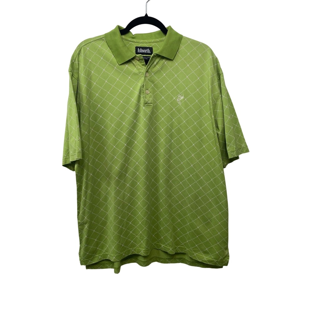 Ashworth Men Green Diamond Lattice Embroidered Cotton Golf Polo Shirt Prep Dad L